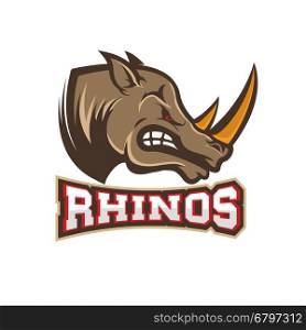 Angry rhino head isolated on white background. Sport team or club emblem template. Design element for logo, label, sign, badge. Vector illustration.
