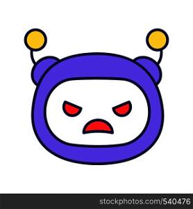 Angry robot emoji color icon. Frowned chatbot smiley. Chat bot emoticon. Artificial conversational entity. Virtual assistant. Artificial intelligence. Isolated vector illustration. Angry robot emoji color icon