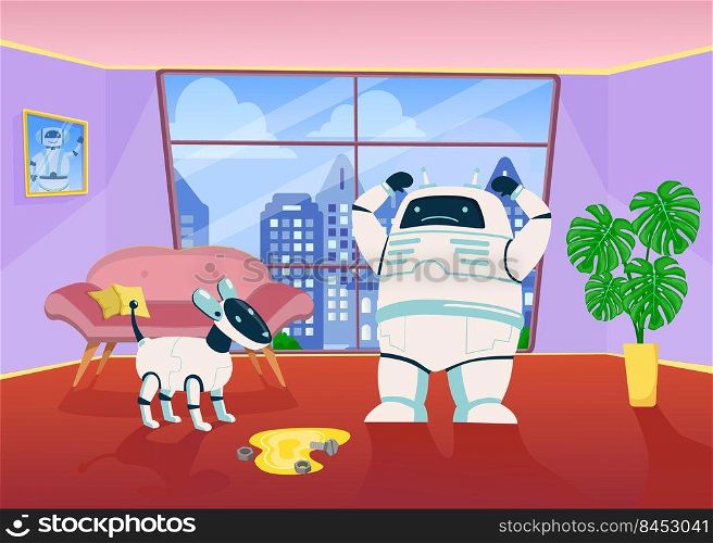 Angry robot scolding mechanical dog for peeing on floor at home. Cute digital cyborgs mascots. Flat vector illustration. Futuristic robotic technology concept