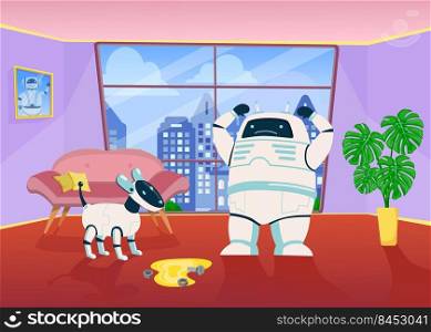 Angry robot scolding mechanical dog for peeing on floor at home. Cute digital cyborgs mascots. Flat vector illustration. Futuristic robotic technology concept