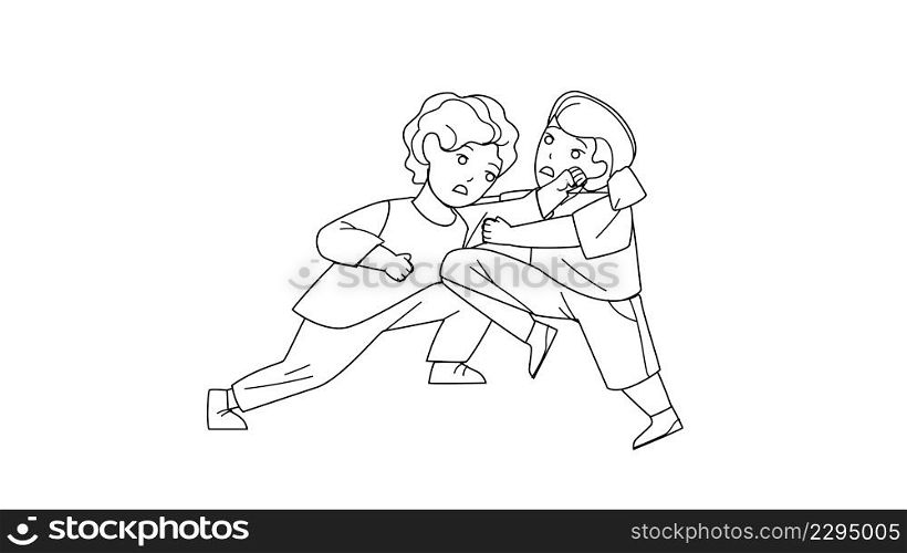 Angry Schoolboys Fight In School Corridor Black Line Pencil Drawing Vector. Aggressive Schoolboys Fighting, Children Bullying Problem. Characters Boys Pupils Conflict And Disagreement Illustration. Angry Schoolboys Fight In School Corridor Vector