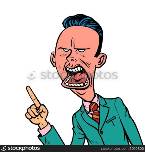 angry skeptical businessman points finger gesture. Comic book cartoon pop art retro vector illustration drawing. angry skeptical businessman points finger gesture