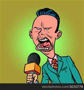 angry skeptical reporter correspondent journalist male. television and radio, Internet broadcasting. Comic book cartoon pop art retro vector illustration drawing. angry skeptical reporter correspondent journalist male