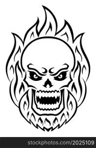 Angry skull with fire. Outline silhouette. Design element. Vector illustration isolated on white background. Template for books, stickers, posters, cards, clothes.