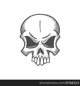 Angry skull with sharp teeth isolated dead person head sketch. Vector monochrome skeleton face, tattoo design. Toothed human skull isolated angry skeleton face