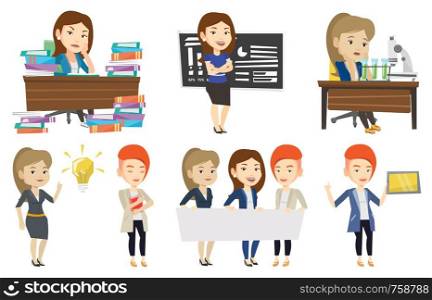 Angry student studying with textbooks. Annoyed student studying hard before the exam. Bored student studying in the library. Set of vector flat design illustrations isolated on white background.. Vector set of student and teachers characters.