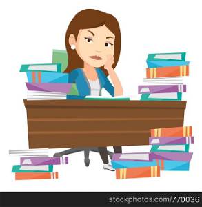 Angry student studying with textbooks. Caucasian annoyed student studying hard before the exam. Bored student studying in the library. Vector flat design illustration isolated on white background.. Student sitting at the table with piles of books.