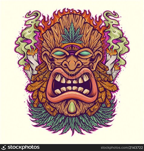 Angry Tiki Leaf Weed mascot with Cannabis Smoke Vector illustrations for your work Logo, mascot merchandise t-shirt, stickers and Label designs, poster, greeting cards advertising business company or brands.