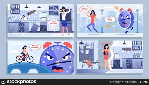 Angry Upset Frustrated Woman Have No Time Set. Stressed Lady at Kitchen, Running out of Shouting Metaphor Alarm Clock. Late for Work, Non Effective Time Management Design Cartoon. Vector Illustration. Angry Upset Woman Have No Time Design Cartoon Set