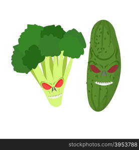 Angry vegetables. Wicked cucumber. Ferocious broccoli. Vector illustration&#xA;