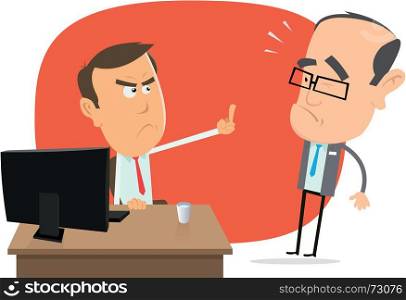 Angry White Collar Replies To The Boss. Illustration of an angry cartoon businessman insulting his fool boss