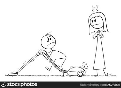 Angry wife is watching husband using vacuum cleaner, vector cartoon stick figure or character illustration.. Husband Using Vacuum Cleaner, Angry Wife is Watching Him , Vector Cartoon Stick Figure Illustration