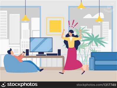 Angry Wife Shouting on Husband Playing Video Game. Man Sitting on Sofa in Living Room at Home. Mad Furious Woman Screaming Quarrelling. Cartoon Married Couple Characters Conflict. Vector Illustration. Angry Wife Shouting on Husband Playing Video Game