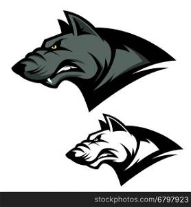 Angry wolf head. Sport team mascot. Design element for logo, label, emblem, sign, brand mark. Vector illustration.