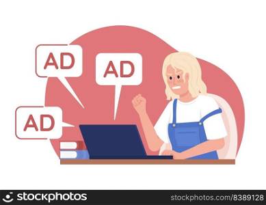 Angry woman and ads notifications 2D vector isolated illustration. Expressive flat character on cartoon background. Colourful editable scene for mobile, website, presentation. Quicksand font used. Angry woman and ads notifications 2D vector isolated illustration