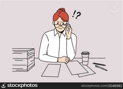Angry woman boss and indignation concept. Furious angry woman director in glasses sitting and looking at partner with papers and coffee nearby vector illustration . Angry woman boss and indignation concept.