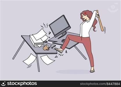 Angry woman employee crash office table suffer from nervous breakdown at workplace. Furious businesswoman break furniture in cabinet having burnout. Vector illustration.. Furious woman crash office table