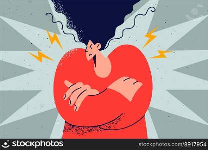 Angry woman feel furious and emotional. Girl showing fury and anger. Mad female with arms crossed. Vector illustration. . Woman feel mad and furious 
