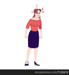 Angry woman flat vector illustration. Frustrated lady. Negative emotions expression. Furious brunette girl with clenched fists isolated cartoon character with outline elements on white background