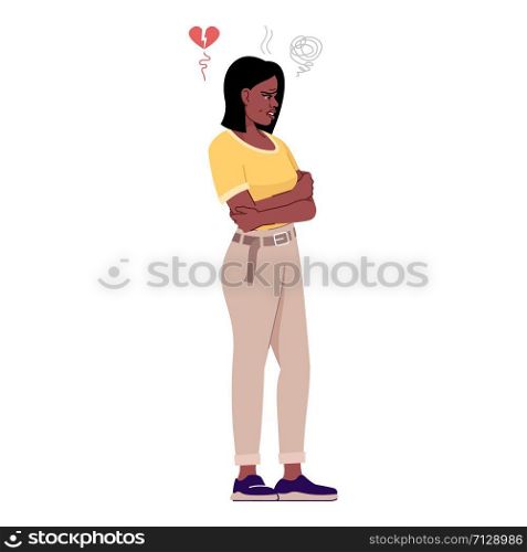 Angry woman flat vector illustration. Relationship crisis. Broken love, resentment. Irritated wife standing with crossed arms isolated cartoon character with outline elements on white background