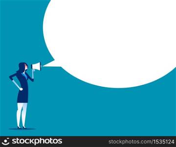 Angry woman is shouting through megaphone. Concept business vector, Enraged boss, Discontent, Furious.