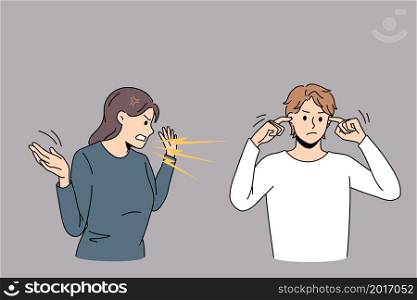 Angry woman scream yell at ignorant husband closing ears not to hear. Mad furious wife shout at man avoid ignore fight or quarrel. Family misunderstanding, breakup, divorce. Vector illustration. . Furious woman scream at ignorant husband