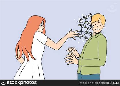 Angry woman throw flowers bouquet to man face distressed with bad date. Unhappy mad female reject male lover or admirer. Relationships end and breakup concept. Vector illustration. . Unhappy woman throw flowers to man face