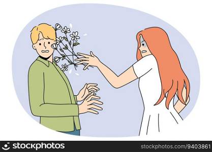 Angry woman throw flowers bouquet to man face distressed with bad date. Unhappy mad female reject male lover or admirer. Relationships end and breakup concept. Vector illustration.. Unhappy woman throw flowers to man face
