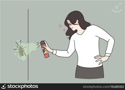Angry woman use insecticide chemical spray kill cockroach at home. Unhappy mad female fight with insects bugs in apartment. Pest control, disinfection concept. Flat vector illustration.. Angry woman kill insects with chemical spray