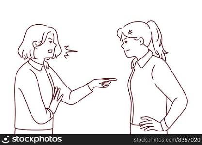 Angry women fighting or quarrelling. Mad furious girls blame each other, making guilty. Anger and misunderstanding. Vector illustration. . Furious women fighting blaming each other