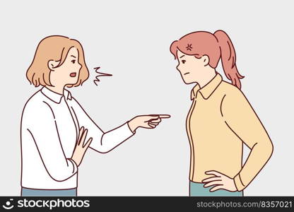 Angry women fighting or quarrelling. Mad furious girls blame each other, making guilty. Anger and misunderstanding. Vector illustration. . Furious women fighting blaming each other