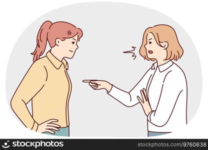 Angry women fighting or quarrelling. Mad furious girls blame each other, making guilty. Anger and misunderstanding. Vector illustration.. Furious women fighting blaming each other