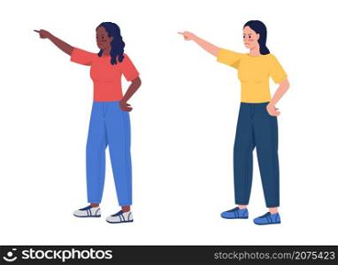 Angry women pointing with fingers semi flat color vector characters set. Full body people on white. Hand gesture isolated modern cartoon style illustration collection for graphic design and animation. Angry women pointing with fingers semi flat color vector characters set