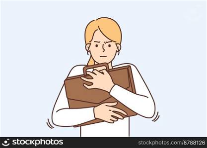 Angry young businesswoman hold briefcase feel mad and furious. Unhappy female employee or worker look protective. Vector illustration. . Angry businesswoman holding briefcase
