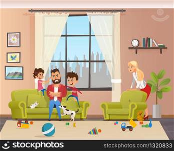Angry Young Father Look After Naughty Children. Man Character with Clenched Teeth Sitting on Sofa. Kids Playing and Making Mess at Home. Mother Shocked. Cartoon Vector Illustration. Angry Young Father Look After Naughty Children