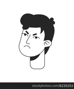Angry young man with furrowed brows monochrome flat linear character head. Showing displeasure. Editable outline hand drawn human face icon. 2D cartoon spot vector avatar illustration for animation. Angry young man with furrowed brows monochrome flat linear character head