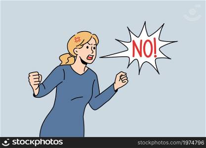 Angry young woman scream yell No protest against discrimination or gender inequality. Mad furious girl shout demonstrate dissatisfaction. Freedom of speech concept. Vector illustration.. Angry woman scream No protest show dissatisfaction