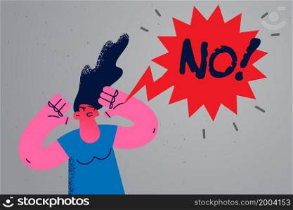 Angry young woman with speech bubble near saying No. mad decisive female reject offer or suggestion, protest against gender discrimination on inequality. Freedom of speech. Vector illustration. . Mad woman say no protest against social issues
