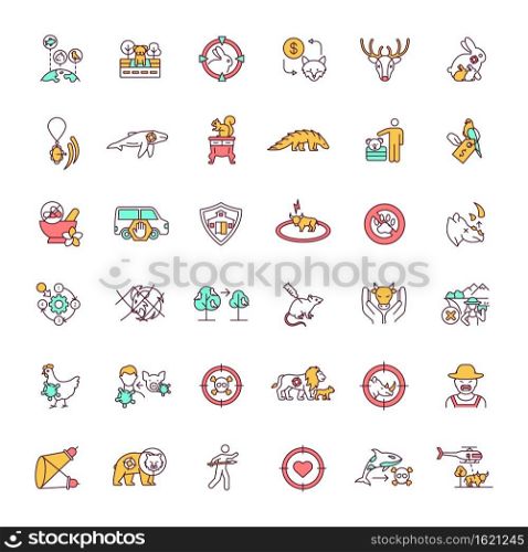 Animal abuse and wildlife conservation RGB color icons set. Global biodiversity. Illegal hunting and poaching. Violence against pets. Nature protection. Isolated vector illustrations. Animal abuse and wildlife conservation RGB color icons set