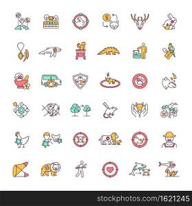 Animal abuse and wildlife conservation RGB color icons set. Global biodiversity. Illegal hunting and poaching. Violence against pets. Nature protection. Isolated vector illustrations. Animal abuse and wildlife conservation RGB color icons set