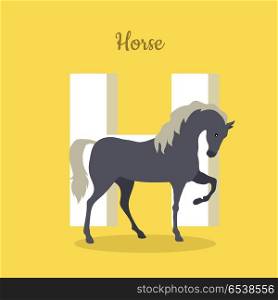 Animal alphabet vector concept. Flat style. ABC with domestic animal. Prancing horse standing on yellow background, letter H behind. Educational glossary. For children s book, textbook illustrating. Animal Alphabet Concept in Flat Design. Animal Alphabet Concept in Flat Design