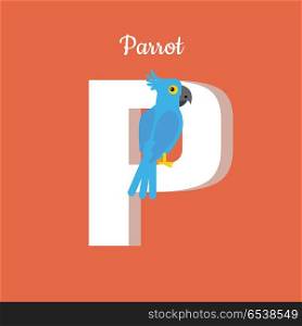 Animal alphabet vector concept. Flat style. Zoo ABC with tropical bird. Blue cockatoo parrot sitting on letter P on red background. Educational glossary. For children s books, textbooks illustrating. Animal Alphabet Concept in Flat Design. Animal Alphabet Concept in Flat Design