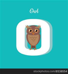 Animal alphabet vector concept. Flat style. Zoo ABC with wild predatory bird. Cute owl sitting on letter O on blue background. Educational glossary. For children s books, textbooks illustrating. Animal Alphabet Concept in Flat Design. Animal Alphabet Concept in Flat Design