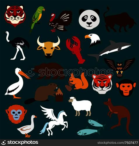 Animal and bird icons including tiger, parrot, panda, bear, kangaroo, pelican, beaver, ostrich, turkey, shark eagle lobster bull squirrel owl, monkey sheep fish goose and mythical Pegasus, flat style. Animal and bird flat icons
