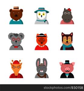 Animal avatars. Cute hipster animals fox bear dog giraffe owl in funny clothes and accessories vector flat characters. Character avatar wild animal hipster illustration. Animal avatars. Cute hipster animals fox bear dog giraffe owl in funny clothes and accessories vector flat characters