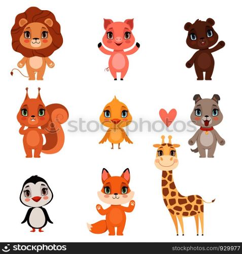 Animal baby cartoon. Domestic pig dog and wild lion bear squirrel and giraffe funny cute animals kids vector pictures. Illustration of giraffe and lion, squirrel and dog. Animal baby cartoon. Domestic pig dog and wild lion bear squirrel and giraffe funny cute animals kids vector pictures