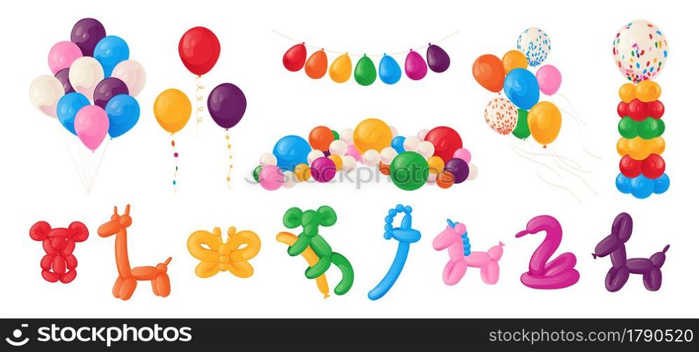 Animal balloons. Cartoon funny kids party helium spheres. Birthday decoration of glossy cute toys. Festive bright collection. Bundles of flying inflated balls and garlands. Vector holiday elements set. Animal balloons. Cartoon kids party helium spheres. Birthday decoration of glossy cute toys. Festive bright collection. flying inflated balls and garlands. Vector holiday elements set