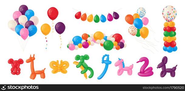 Animal balloons. Cartoon funny kids party helium spheres. Birthday decoration of glossy cute toys. Festive bright collection. Bundles of flying inflated balls and garlands. Vector holiday elements set. Animal balloons. Cartoon kids party helium spheres. Birthday decoration of glossy cute toys. Festive bright collection. flying inflated balls and garlands. Vector holiday elements set