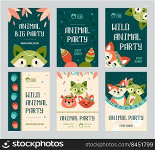 Animal big party flyers set. Friendly cute raccoon, fox, bear with decoration in boho style. Vector illustrations with text, website URL. Wildlife concept for invitation cards and posters design
