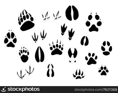 Animal - birds and mammals - footprints silhouettes set isolated on white background